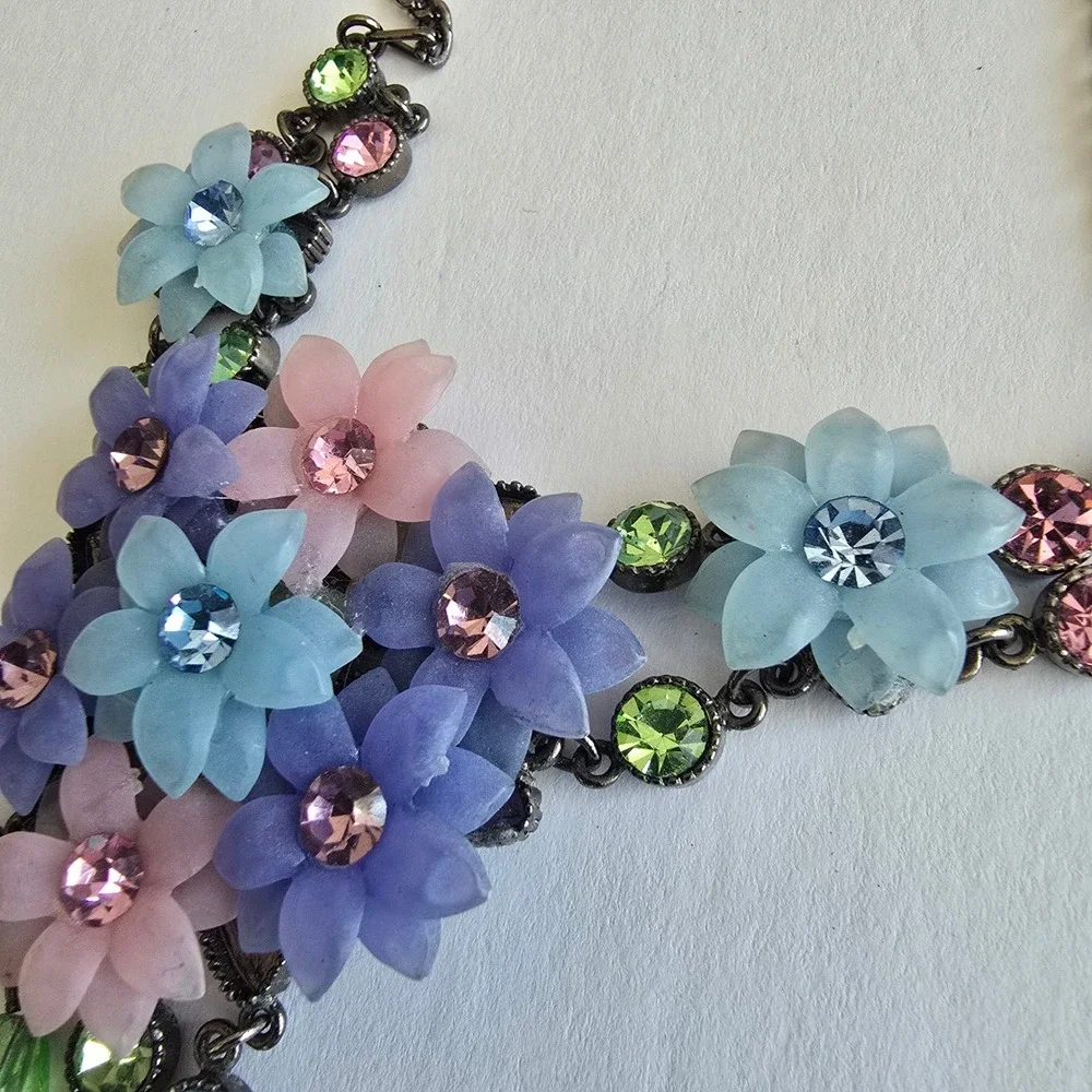 Floral Bib Necklace Earring Set Pastel Resin Flowers Gunmetal Rhinestone Jewelry